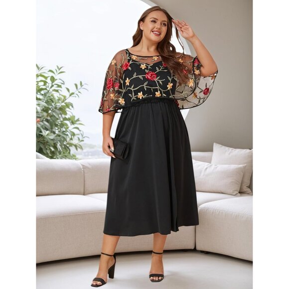 Women Plus Size Formal Dress With Embroidered Shawl and Pockets - Picture 4 of 8